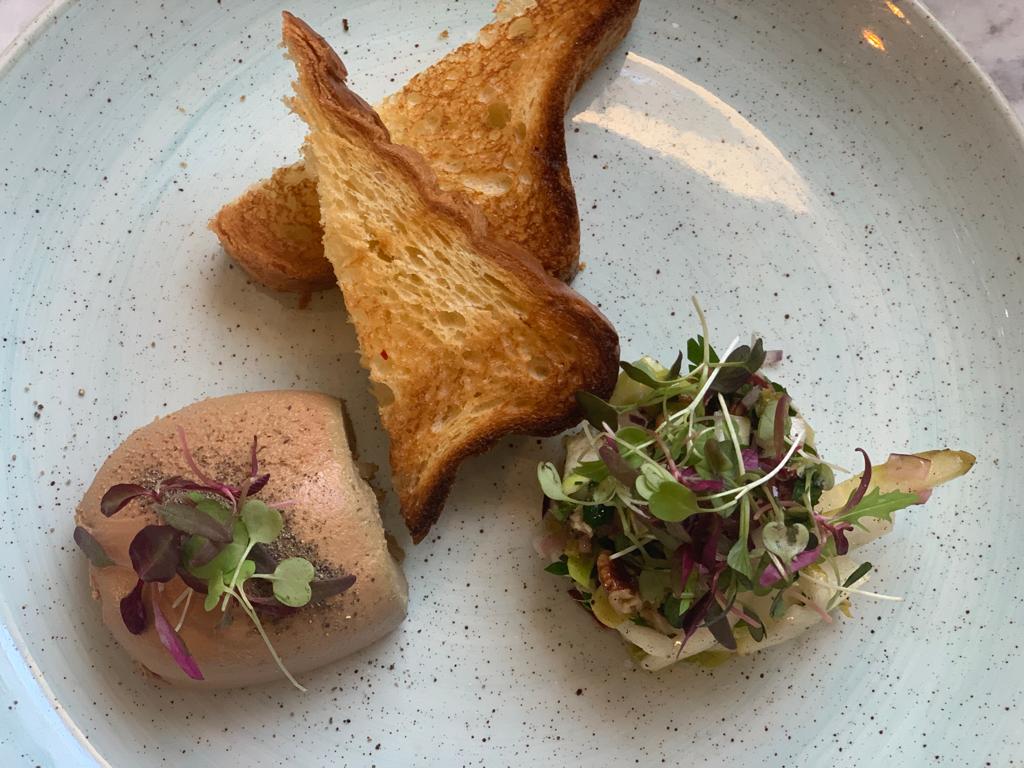 Delicous Chicken Liver parfait with our own toasted brioche, coupled with pear, pecan, cornichon, celery &amp; chicory salad