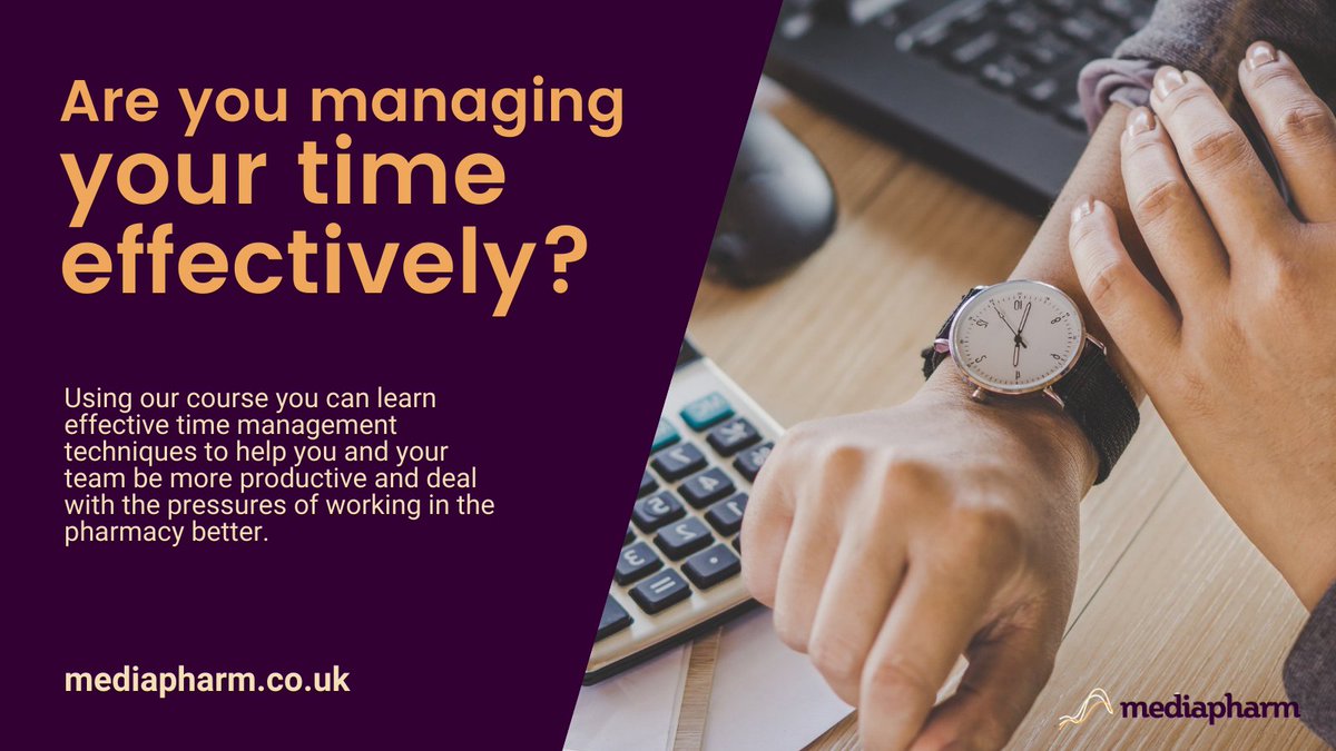 mediapharm's tweet photo. Effective time management is an essential skill for everyone in the pharmacy team. 

This course teaches you some effective #TimeManagement techniques to help you and the team be more productive.

Enrol this course today! https://t.co/ikfWOlOvqh 

#learning #Pharmacists https://t.co/Utrjl2qDcZ