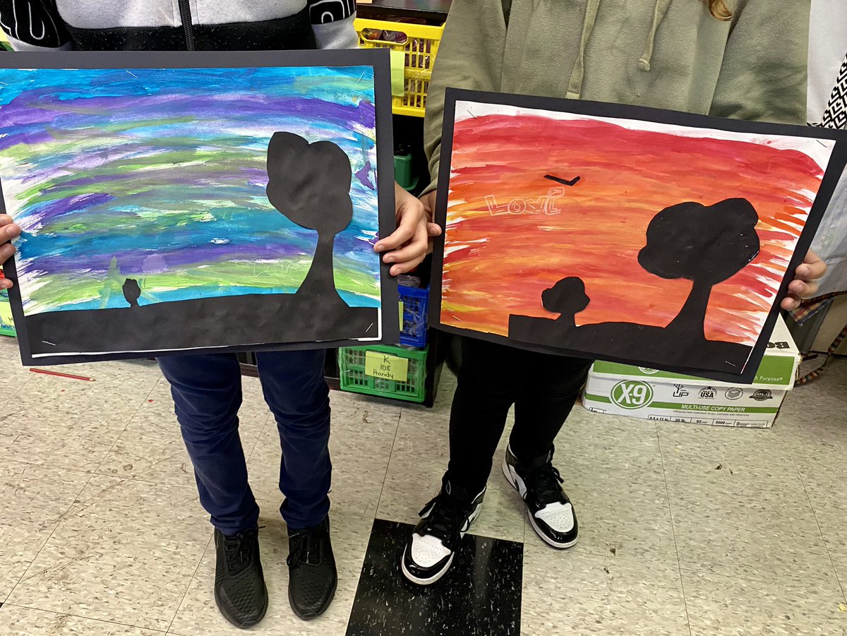 5th grade Panther artists finished up these masterpieces today! Warm and cool color silhouette landscapes! So proud! <a href="/mcclurepanthers/">McClure Elementary School</a> #artwins