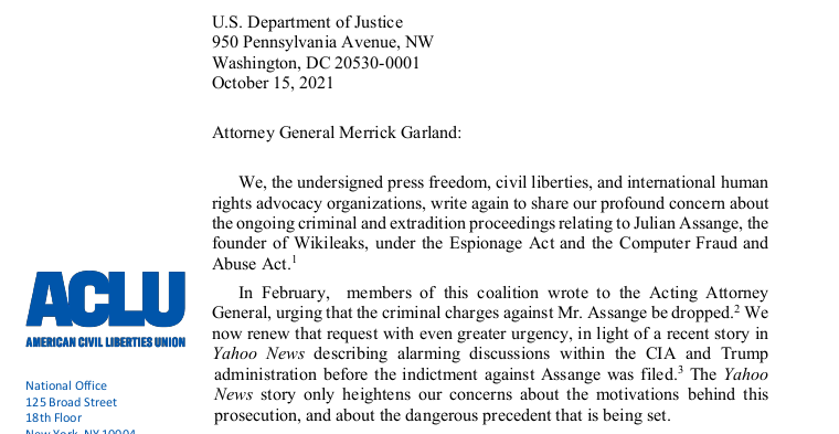 wikileaks's tweet photo. The @ACLU is among 25 organizations including @amnesty, @RSF_inter, @EFF  &amp; @hrw demanding an end to proceedings against Julian #Assange

"His prosecution poses a grave threat to journalists and freedom of the press. The government should drop its charges against him immediately" https://t.co/P340aZQDQB