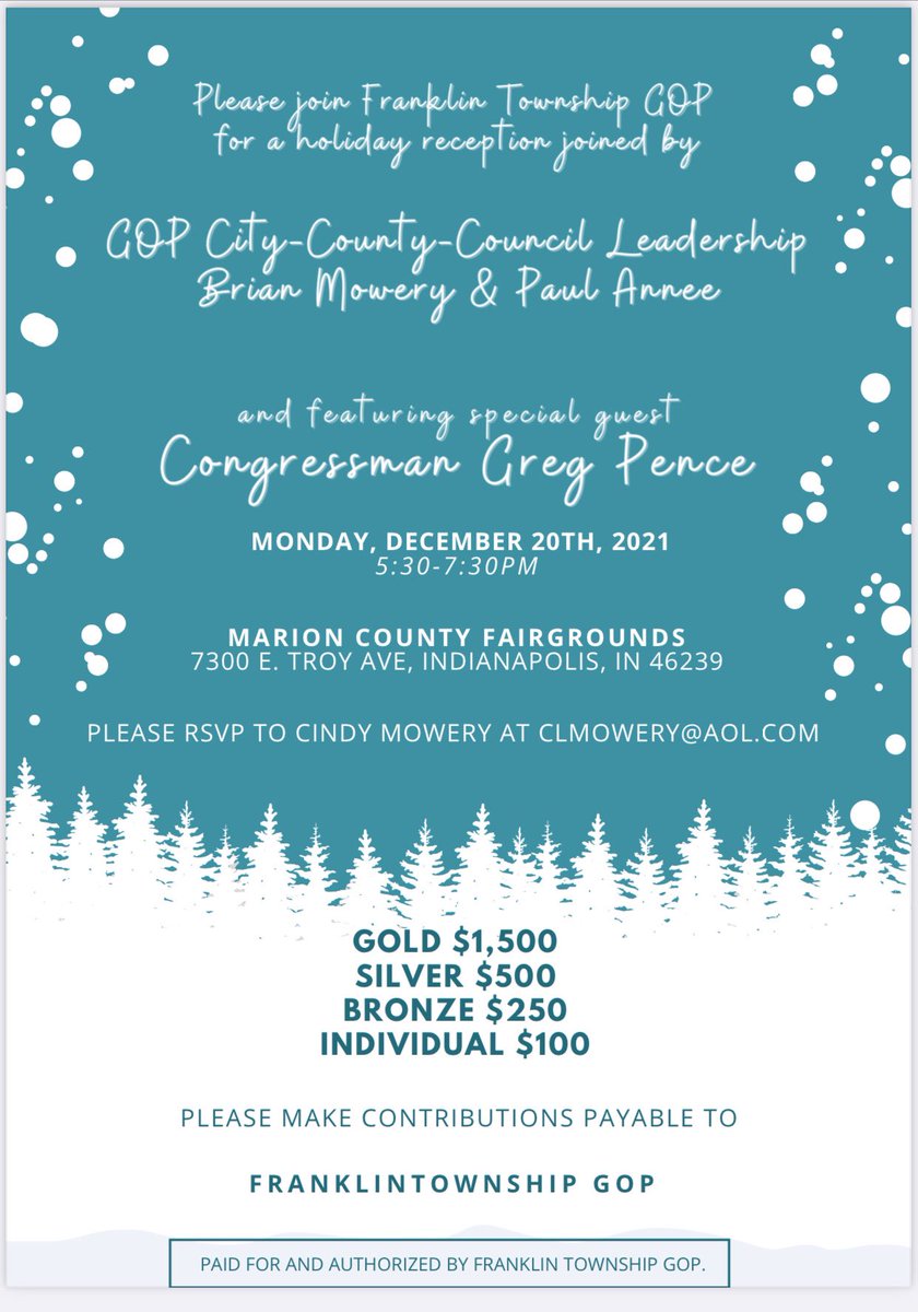It is with great pleasure that I welcome Congressman Greg Pence to join a fundraiser with myself and City-County Councillor and GOP caucus Whip, Councillor Paul Annee. Please join us in an evening of conversation and strategy to get Marion County back on the right track.