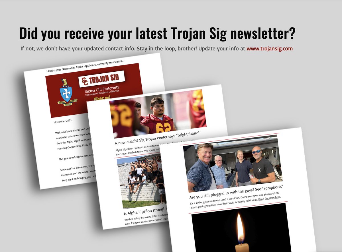 TrojanSigs's tweet photo. Trojan Sigs, if you did not recently receive your email newsletter, it means we don’t have your updated email. Stay in the loop. Don’t miss out. Update at https://t.co/BcBQ8LlXuQ https://t.co/X4j3X5jUVf