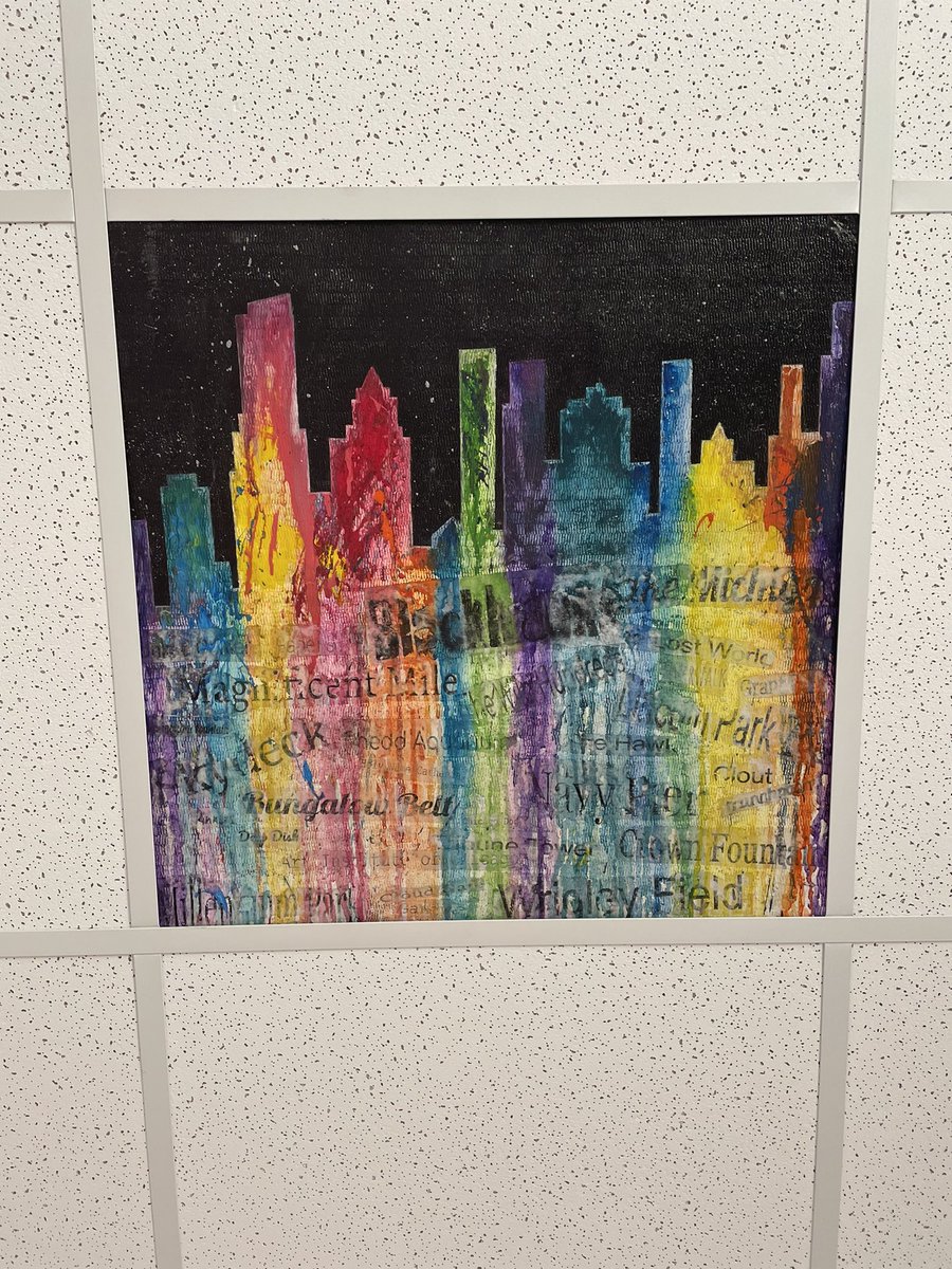 New ceiling tile in my office of the Chicago skyline! Mrs. Sapp our art teacher is AWESOME! Thank you!!