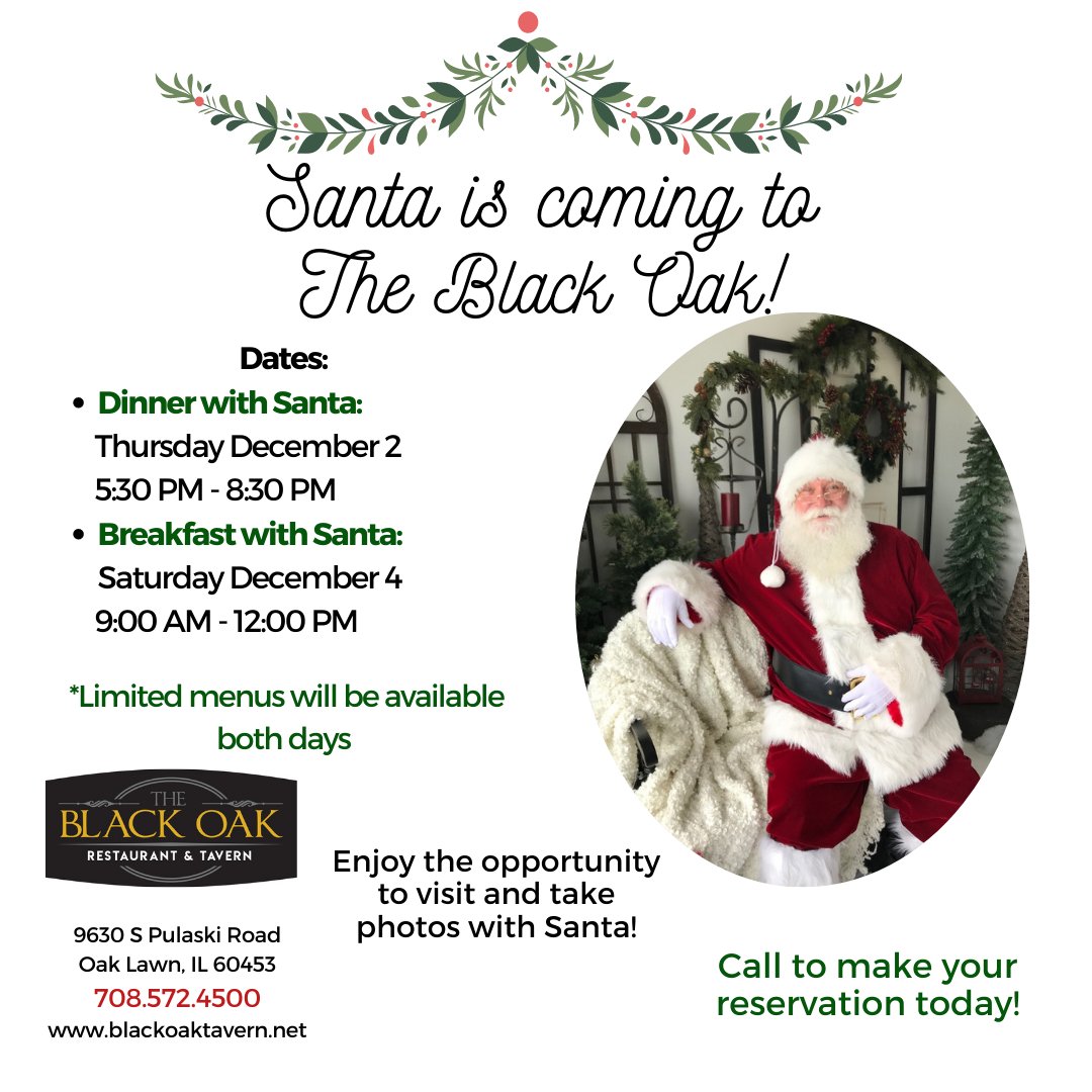 blackoaktavern's tweet photo. Santa Claus is back at the Black Oak tomorrow from 9-12pm for Breakfast! Come visit and take a photo 🎅 https://t.co/jWjnwAlkqq