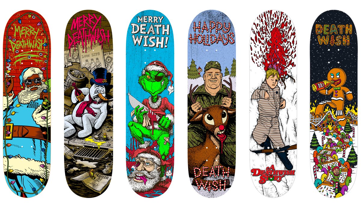 brianromero's tweet photo. Tis the season to share the infamous "holiday" decks I created for Deathwish Skateboards over the years.

#skateboarding #skateboardart #deathwishskateboards #nftart #NFTartist https://t.co/nzQj8WGkmm