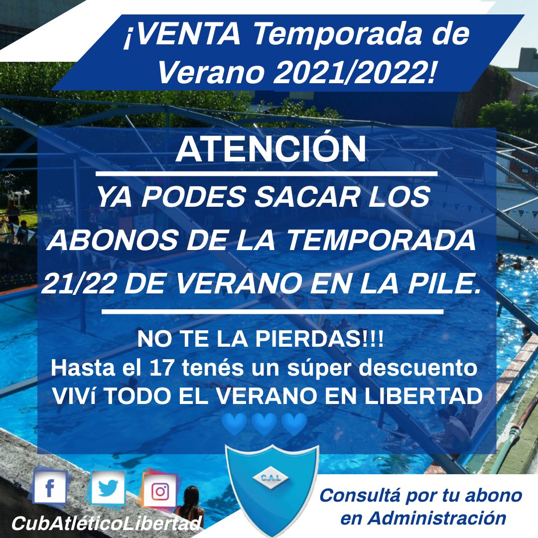 CalibertadClub's tweet photo. Ya están a la venta los abonos de PILETA temporada 2021/22
Siii como lees!ya faltan pocos días para la apertura de la Pile!
Saca tu abono, no te lo pierdas hasta el 17/12 tenés un precio super especial.Podés pagar con todos los medios de pago!
#vamosliber
#101años
#verano21/22 https://t.co/ZdbAgxxFD2