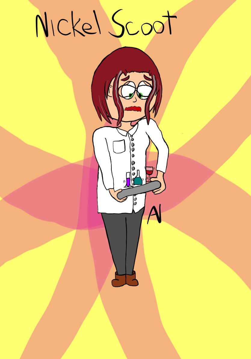 drawndustrys's tweet image. This is Nickel Scoot. She’s a scientist with an insane IQ of over 50000, but she’s quite ditzy which compensates for that.