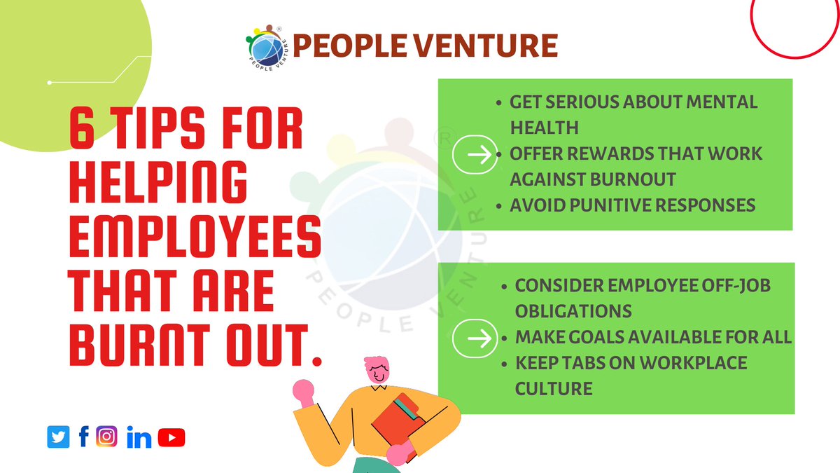 people_venture's tweet image. Tips for Helping Employees That Are Burnt Out.🙌

#Peopleventure #employeeproblems #turnover #workplaceculture #employeeretention #strongleader #conflictresolution #productivity