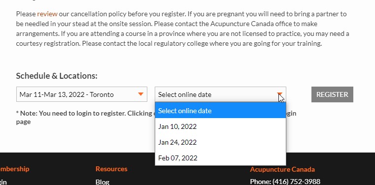Acupuncture_Can's tweet photo. What does it look like on the website when you want to register for a course? First, choose a location and date for the onsite/in-person component. Then choose a date to start the online component. We offer a variety of start times to suit your busy schedule. https://t.co/J5GKXhjfNa