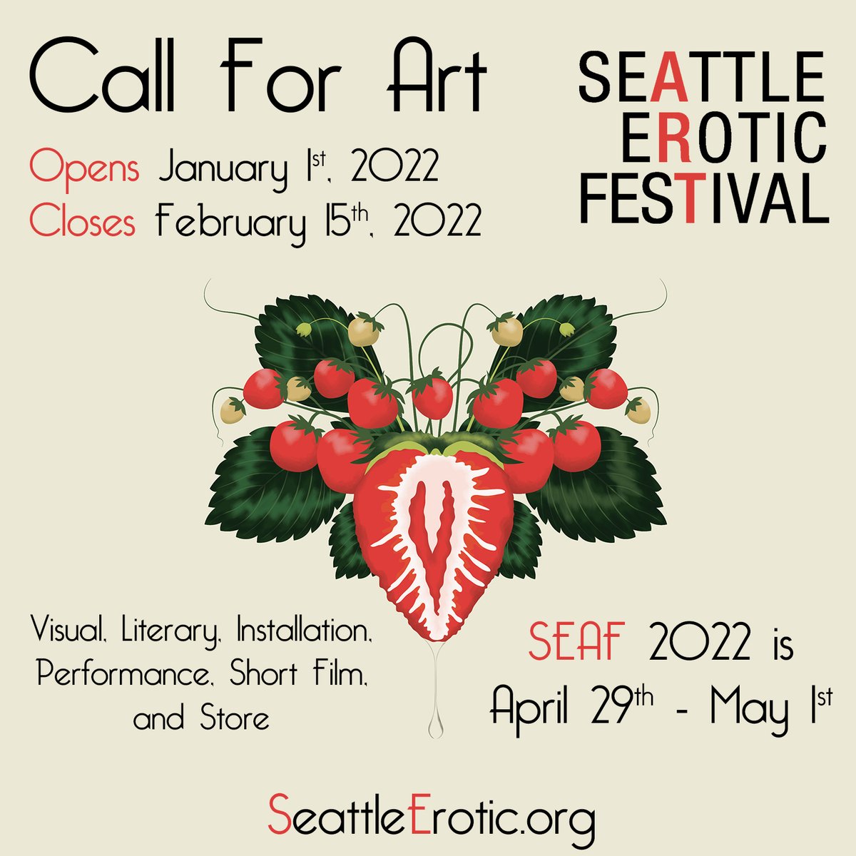 seattle_erotic's tweet photo. Artists, start your creative engines! We are doing things a little different so we can get back on our regular schedule for #AprilShenanigans. #SEAF2022 #callforart opens January 1st! https://t.co/UI5WGnI5m2