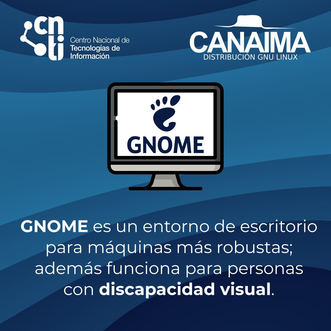 CanaimaGNULinux's tweet photo. GNOME

Es uno de los entornos de escritorio disponibles en tu sistema operativo venezolano Canaima GNU/Linux.

GNOME es:

➖ Robusto.
➖ Intuitivo.
➖ Adaptable.
➖ 100% accesible.

¿Quieres conocer más?

➖ https://t.co/79z8AqIhOz 

#ViernesDeEscritorio https://t.co/4rsOg5QWTe