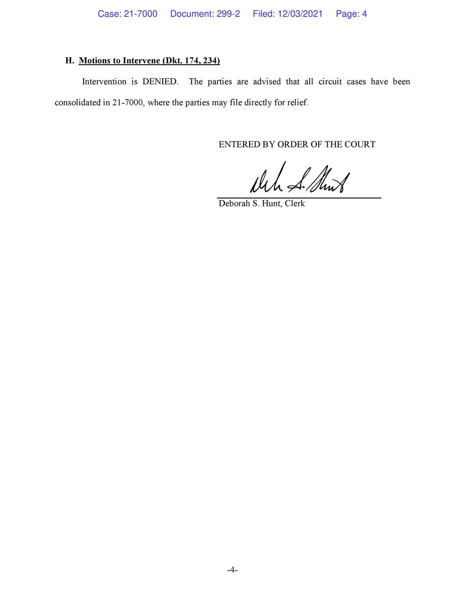 NEW: Sixth Circuit denies government’s motions to transfer and to hold the #OSHA vaccine mandate case in abeyance.