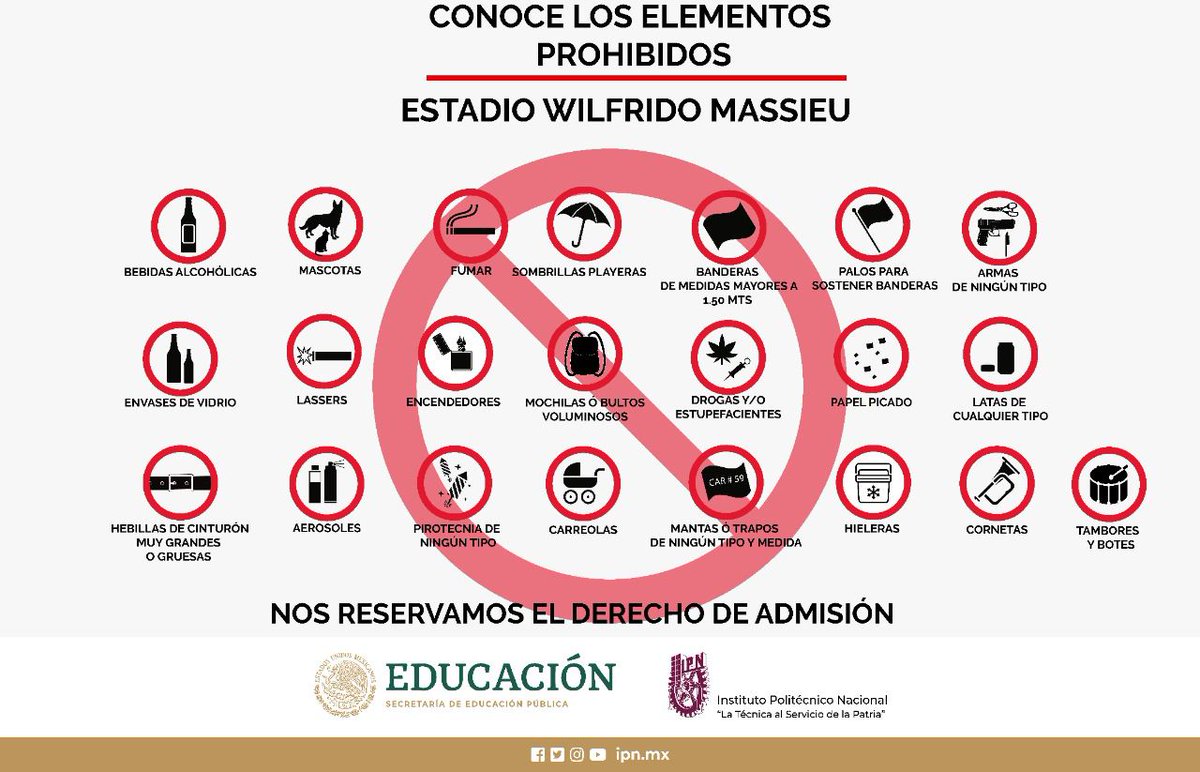 ipndeportes's tweet photo. 🚨AVISO IMPORTANTE🚨
Recuerda qué, estos son los objetos con los que NO puedes accesar al Estadio Wilfrido Massieu 
¡Disfruta esta jornada doble! @AguilasIPN @BuhosIpn
🗓️ 4 diciembre 
😷El uso de cubrebocas es obligatorio ��
#LigaMayorONEFA2021 #Huélum
@CPantojaB1 https://t.co/BN7AH6C7uT