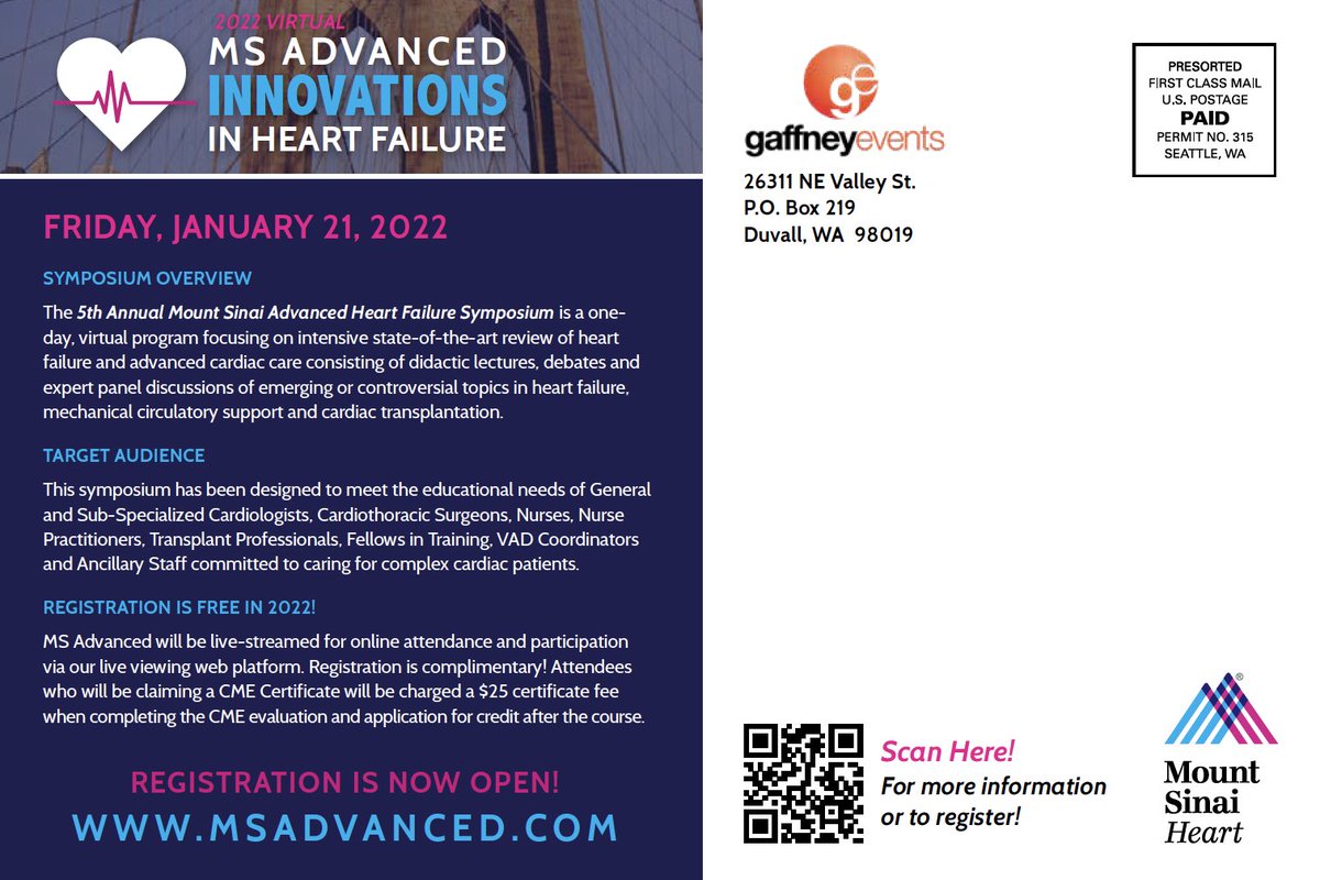 Mount Sinai Advanced  Innovations in Heart Failure is back &amp; will be hosted VIRTUALLY on January 21, 2022! 

Registration is COMPLIMENTARY &amp; CME credits will be available! msadvanced.com

@mountsinaiheart #heartfailure #cardiaccare #cardiotwitter