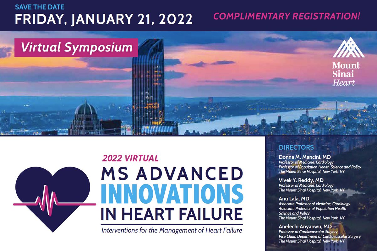 MSadvancedheart's tweet photo. Mount Sinai Advanced  Innovations in Heart Failure is back &amp; will be hosted VIRTUALLY on January 21, 2022! 

Registration is COMPLIMENTARY &amp; CME credits will be available! https://t.co/7rKVQUXBPo

@mountsinaiheart #heartfailure #cardiaccare #cardiotwitter https://t.co/sWTutHQUWn