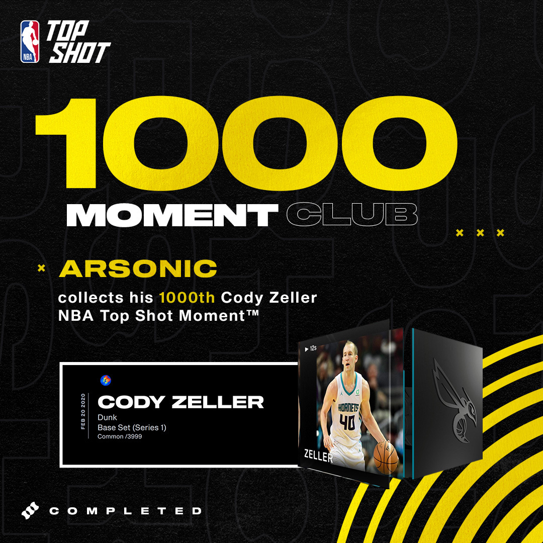 NBATopShot's tweet photo. Welcome to Top Shot history, @Ars0nic 🔥

He bought his first Cody Zeller Series 1 Moment on Oct 23, 2020

...and bought No. 1,000 on Dec 2, 2021, becoming the 1st collector with 1,000 serials from the same player's Moment™ collectible.

Drop an #NBATopShotThis to celebrate 🙌 https://t.co/omgJioRYu5