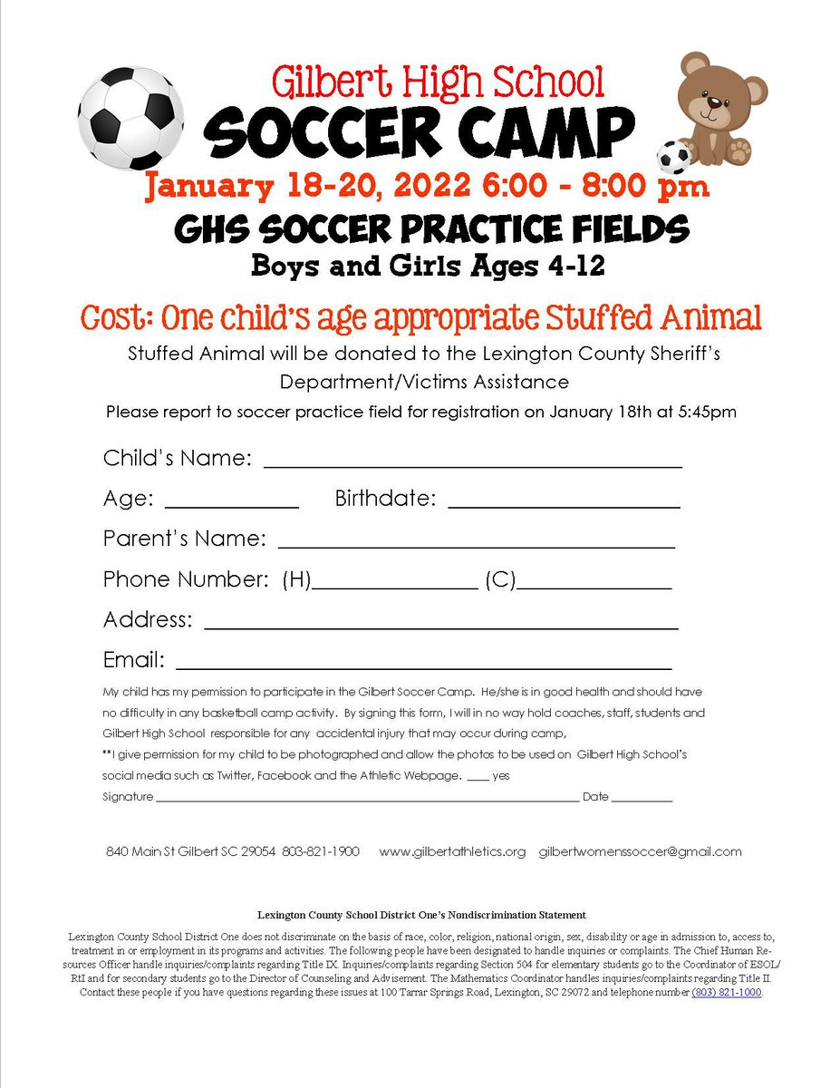 It’s that time! Registration for our soccer camp for this January 18-20, 2022! Free of cost as long as you bring a child appropriate stuffed animal that will be donated to the Lexington County Sheriff’s Department.
Ages: 4-12