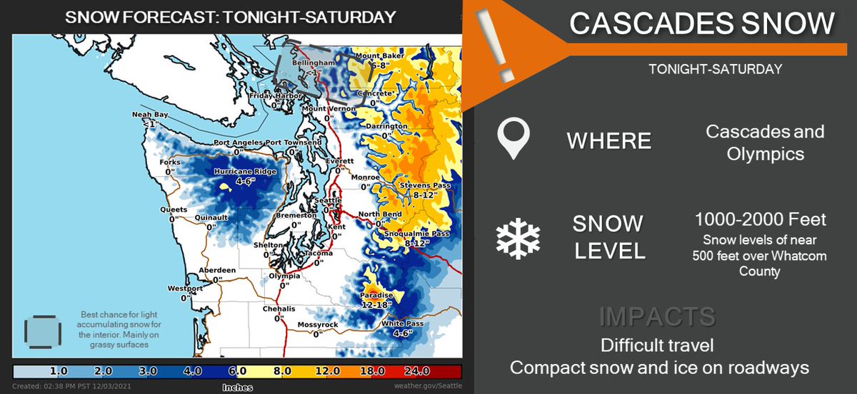 NWSSeattle's tweet photo. Mountain snow for the Cascades tonight into Saturday. Heavy snow possible Saturday morning. Light snow is also possible for areas of Whatcom County, especially away from the water. Another system Sunday night-Monday will bring precipitation to the area. #WAwx https://t.co/MtoIxytG3v