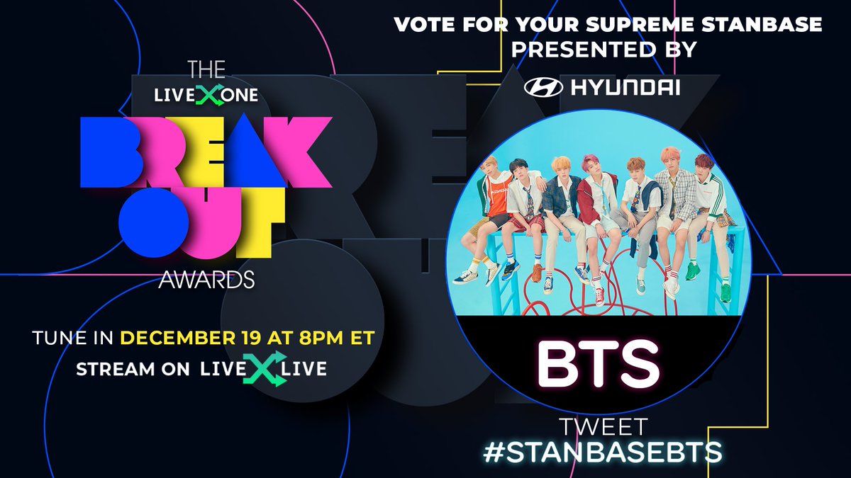 liveone's tweet photo. HEY #ARMY 👋 Have you voted @BTS_twt for your SUPREME STANBASE on LiveXLive's #BreakoutAwards, presented by @Hyundai?! #HyundaiTucson #BTS
To vote, tweet "I'm voting for #StanbaseBTS on @LiveXLive's #BreakoutAwards"
Voting ends Wednesday, December 8 at 8pm ET / 5pm PT. https://t.co/fpTBclzIlf