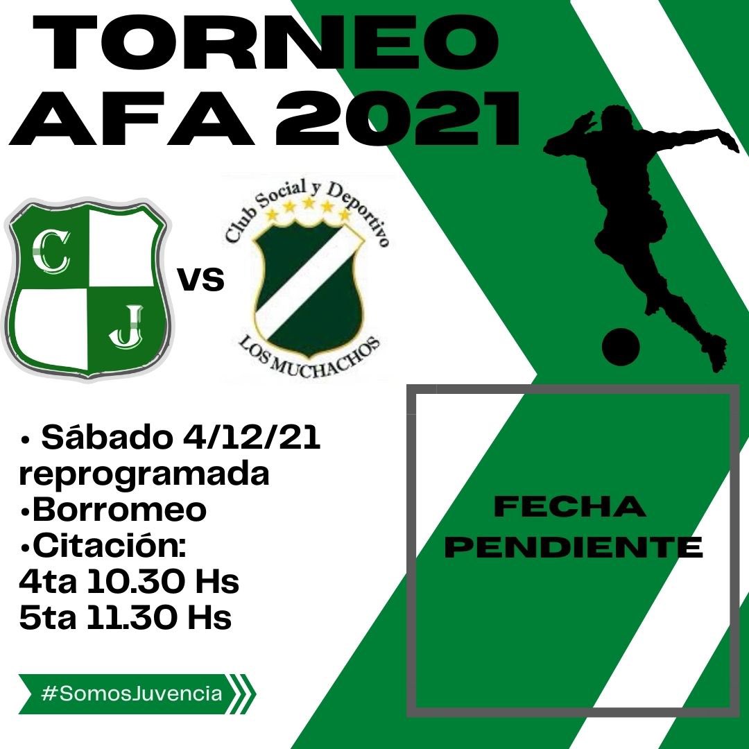 🏆TORNEO INFERIORES 2021. 
⚜️ 2da Ronda vs #LosMuchachos (suspendido) .
🗓 Sábado 4/12/2021.
⏱ Horario: 11 HS comienza la jornada.
❕Cancha: Predio Borromeo.
.
.
#SomosJuvencia 🇳🇬