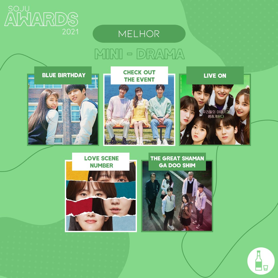 SojuAwards2022's tweet photo. 🟢 | CATEGORIA DAS JURADAS
Concorrem a melhor MINI:
#BlueBirthday
#CheckOutTheEvent
#LiveOn
#LoveSceneNumber
#thegreatshamangadooshim
Qual merece vencer? O resultado será no dia 18/12
#SojuAwards https://t.co/MjYj0Tqm4F