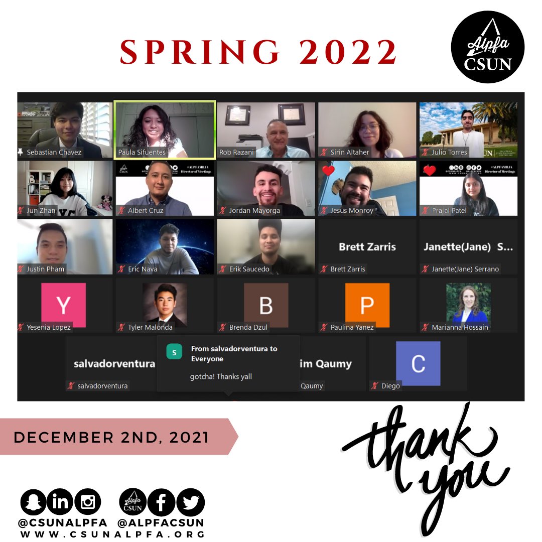 Thank you for joining us with your new President, Sebastian Chavez and Vice President, Paula Sifuentes for Spring 2022! Hope to see you all next semester and congrats to our new President and Vice President! 🎉 

#csun #alpfa #csunalpfa #alpfamilia