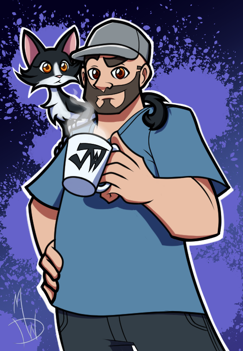 HeyitzMick's tweet photo. Phew! Almost missed this one. So, for this #fanartfriday, I present to you a rendition of one of my favorite video game critics, Juan Ortiz, or, some call him Johnny. Probably because of his channel name, Somecallmejohnny. Complete with his cat, Selene. @Somecallmejon https://t.co/p3SFpUBPXz