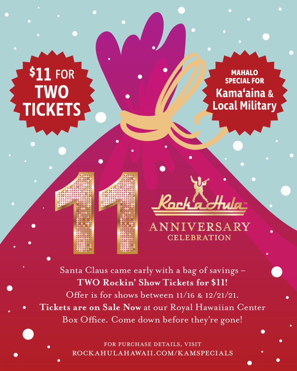 RockAHulaHI's tweet photo. 🎅🎉 Santa came early with a bag of savings for our #Kamaaina &amp; Local Military – 2 Rockin’ Show Tickets for $11! https://t.co/HPK6iXSUQT

#RockAHulaHI #RoyalHawaiianCenter #Oahu #Hawaii #Honolulu #Waikiki #LuckyWeLiveHawaii #ThingsToDoInHawaii #HawaiiMilitary #HawaiiDeals https://t.co/4bklw2ABfP