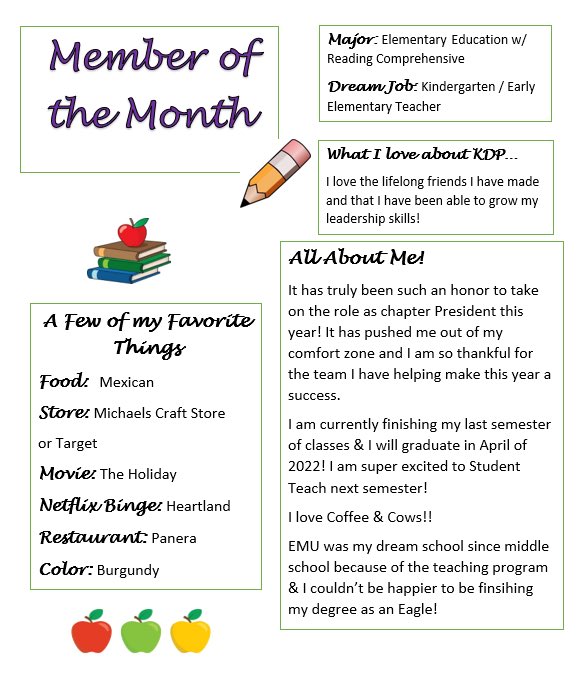 KDPEMU's tweet photo. Congratulations and huge shoutout to our November member of the month and our very hardworking, fabulous chapter President: Lauren Alexander!!!!! We all thank you for everything you do and wish you the best of luck next semester while you student teach!!!!! https://t.co/PO5LnRyTfh