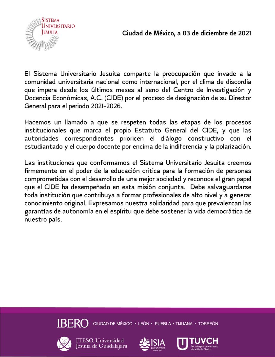 IBERO_mx's tweet photo. #Comunicado del Sistema Universitario Jesuita (SUJ) respecto a la situación en el Centro de Investigación y Docencia Económicas, A.C. (CIDE) https://t.co/u71LqY83FD