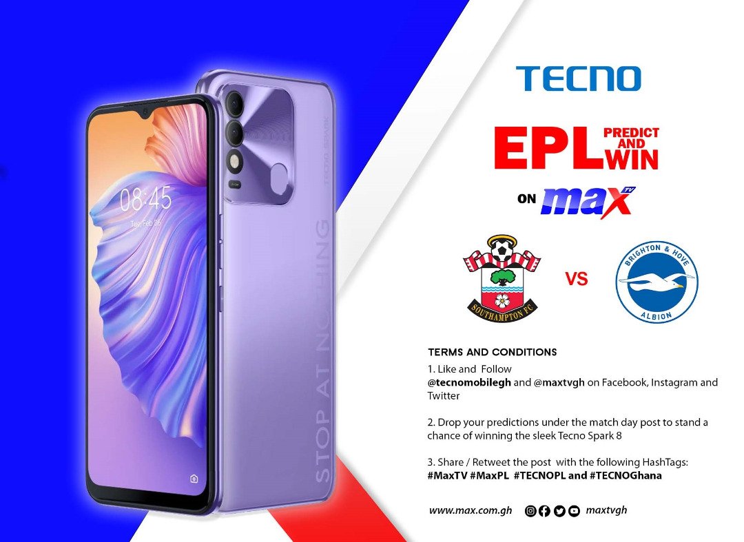 maxtvgh's tweet photo. TECNO EPL (MaxPL) Predict and Win on Max TV
Drop your predictions under the match day post.
Share / Retweet the post with the following HashTags : #MaxTV #MaxPL #TECNOPL and #TECNOGhana
NB : The first correct prediction is picked as winner . Terms and Conditions Apply. https://t.co/7NUgqRlwFY
