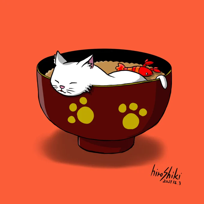 くつろいでいる我が家の猫をみて思いついた絵。ちょっとお正月っぽい。#イラスト #猫 #illustrationart #cat #アトリエの系譜S#おもち 