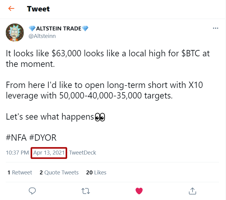 DeTeknik's tweet photo. Omg, this trader had foresaw that bitcoin price dropped from $64,000 to $33,000 on April 13 2021 and it was right!

FOLLOW  👉 @ALTSTEINN 👈  💣✅

$xtz $ksm $slim $bzrx $nano $clams $lcx $rvn $oxt $tvk $luna $enj $vra $drep $colx $cook $ckb $sys $nexo $zcash $mex $bifi $xlm https://t.co/szw7OitnSG