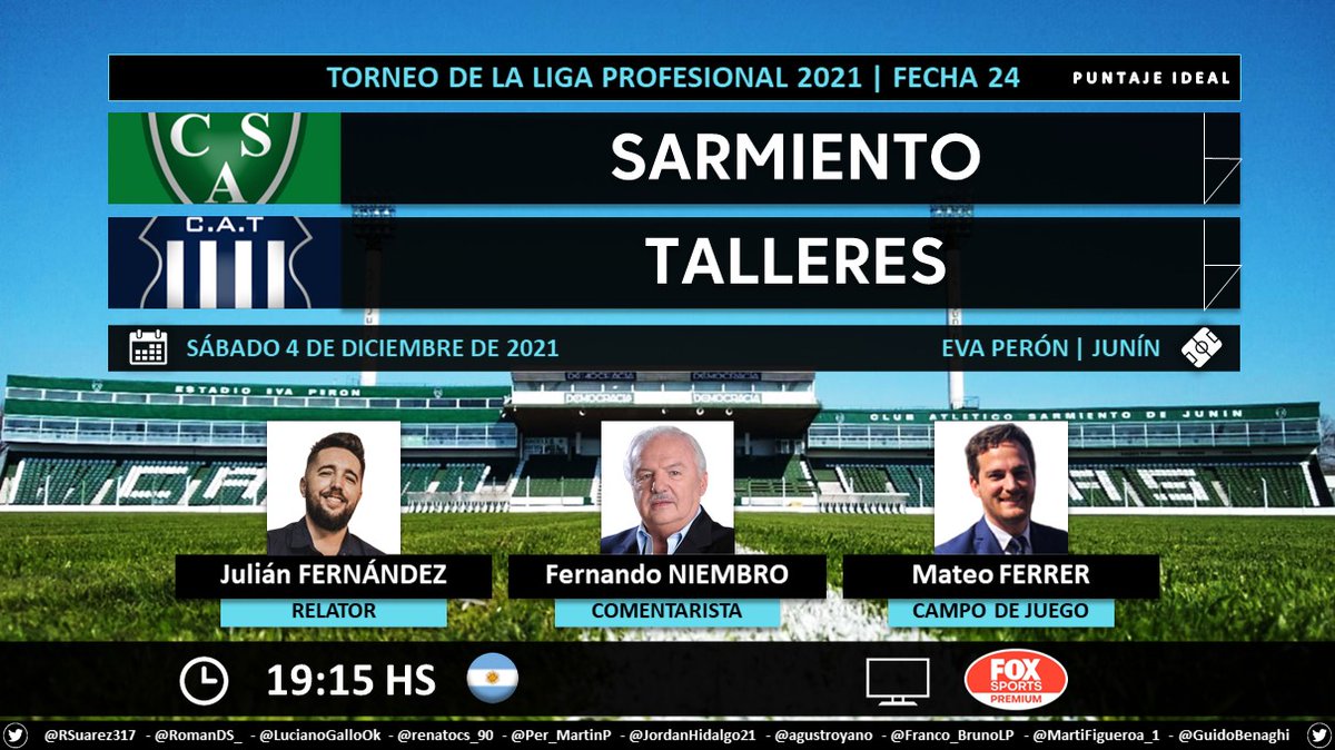 Puntaje_Ideal's tweet photo. โฝ #TorneoLPF ๐ฆ๐ท | #Sarmiento vs. #Talleres
๐ Relator: @yojulifernandez
๐ Comentarista: Fernando Niembro
๐ Campo de Juego: @mateoferrer90
๐บ #FOXSportsPremium ๐ฆ๐ท
๐คณ #LPFxFOX - #PackFutbol
Dale RT ๐ https://t.co/8iUfUMYguD