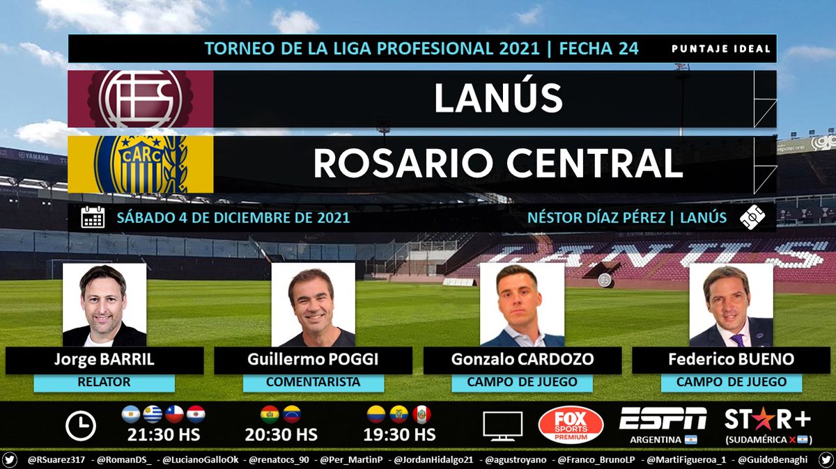Puntaje_Ideal's tweet photo. โฝ #TorneoLPF ๐ฆ๐ท | #Lanรบs vs. #RosarioCentral
๐ Relator: @Jorge_BarriL
๐ Comentarista: @guillepoggi
๐ Campo de Juego: @GHCardozo y @FedeBueno73
๐บ #FOXSportsPremium / @ESPNArgentina ๐ฆ๐ท
๐ป๐ฑ @StarPlusLA Sudamรฉrica (โ๐ฆ๐ท)
๐คณ #LPFxFOX - #PackFutbol - #ESPNenStarPlus
Dale RT ๐ https://t.co/I3vg9MdLxc