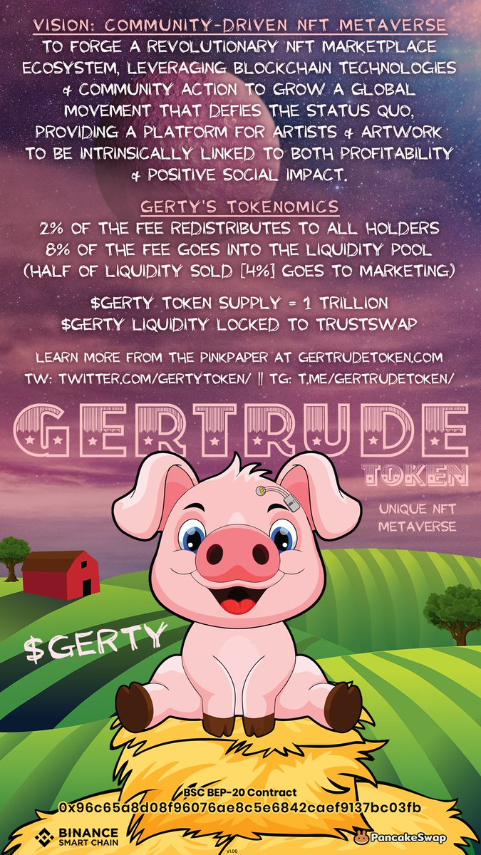 SpacePenguinaut's tweet photo. @DaCryptoGeneral How about more X potential?
Stealth #memecoin gem π $GERTY π· on #BSC
Brand new project with the goal of a unique #NFT #metaverse market ecosystem
Ultra-low mcap, site/details still being updated! Crazy early! 1000-10000x
@GertyToken #GERTY #GertrudeToken #GertyToken #crypto https://t.co/k27ANiUFZ8