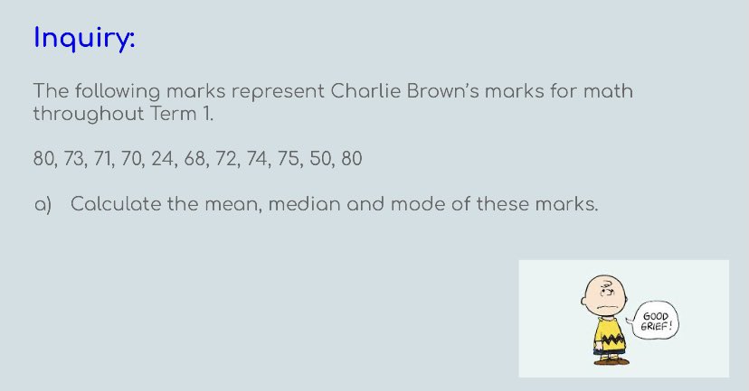 antheachanku's tweet image. This week we looked at how mean, median and mode can be used for calculating a final grade… but which one is the most reflective of how a student is doing? #grade7math #data