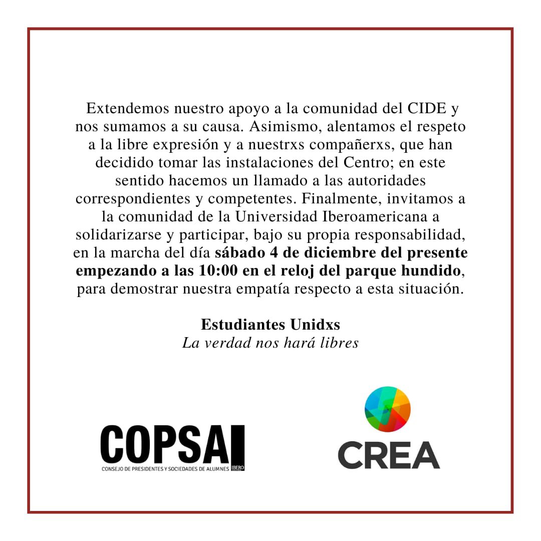 #Pronunciamiento de Representación Estudiantil y Participación Estudiantil de la <a href="/IBERO_mx/">IBERO CDMX</a> respectó a la situación del <a href="/CIDE_MX/">CIDE</a> 

Estudiantes juntxs.
La verdad nos hará libres.

#yodefiendoelcide