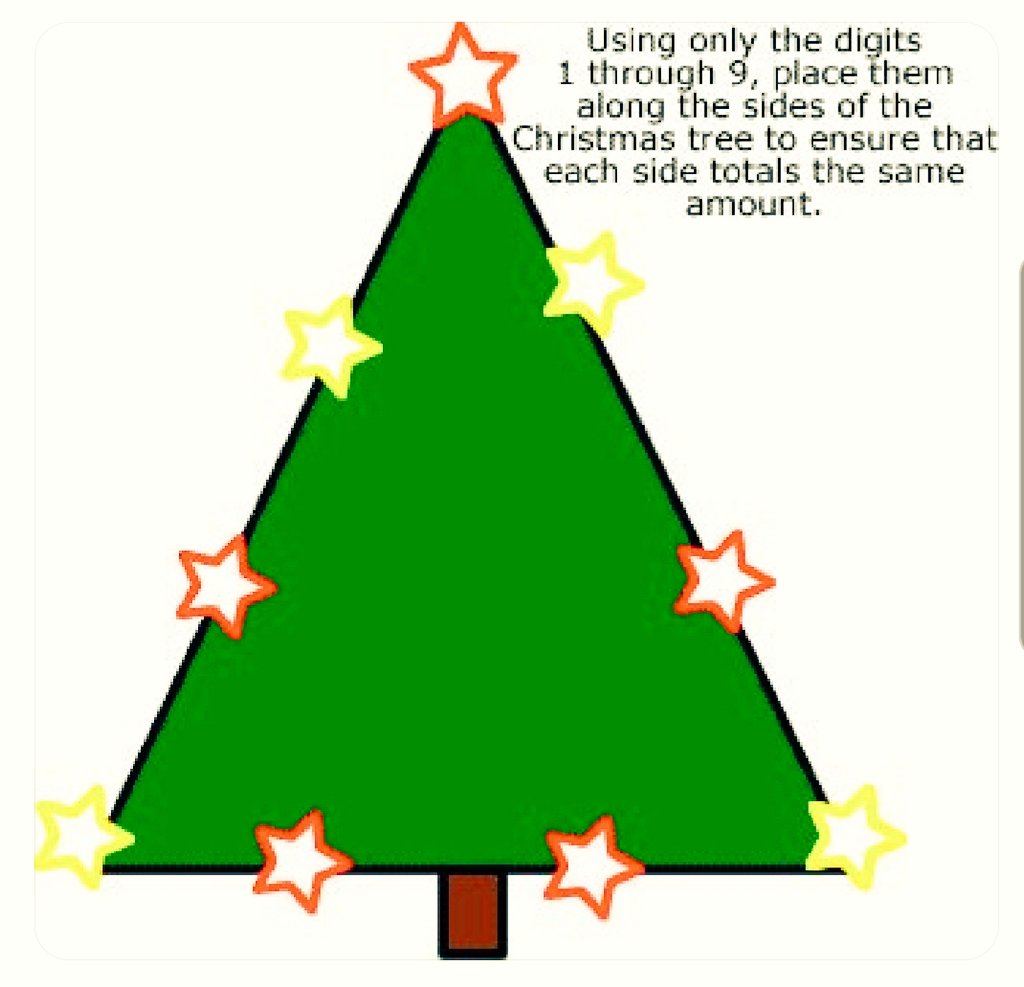 10 school days til Christmas Break #dpmath friends! ➡️ We'll share 10 math puzzles for 10 days. Here's the first: Place the digits 1 to 9 along the sides of the Christmas tree 🎄 so that each side has the same total. Hmmm...💭