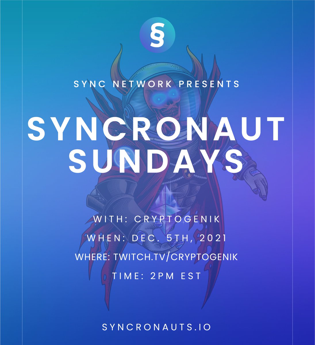 SYNCTOKEN's tweet photo. Our ecosystem is growing!🚀
Join @Cryptogenik live on #twitch for our first #Syncronaut Sundays
⌛︎ https://t.co/mRBGV09Sni
This Week's Topics:
§ 1st ever #SyncronautSunday
§ Progress on the MVP Proposal
§ SYNC V2 FAQ
§ Discord Threads
§ Pulse chain and Art
$SYNC #DAO #NFT https://t.co/rdOTiFVwUq