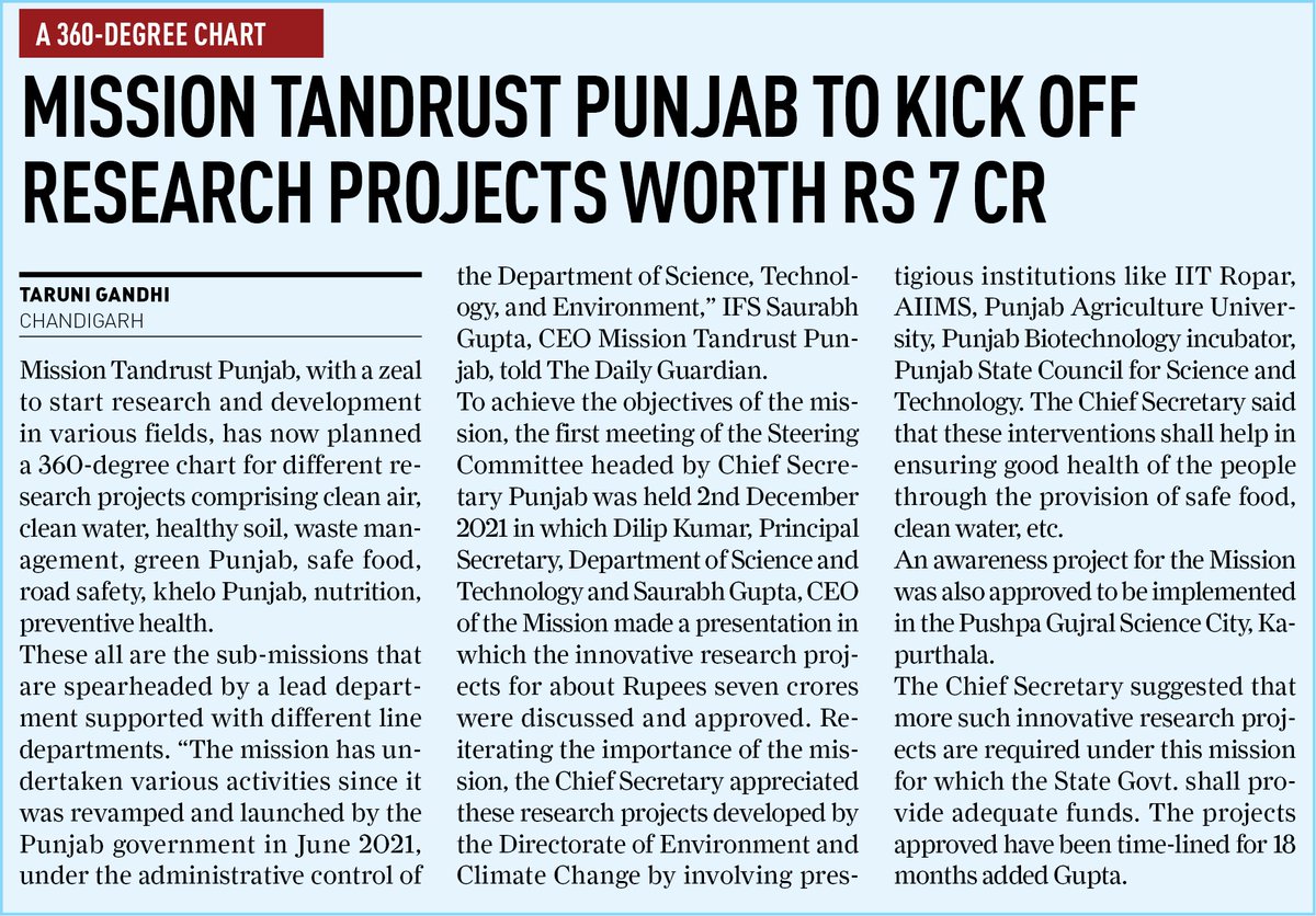 . <a href="/Tandrust_Punjab/">Mission Tandrust Punjab</a> Mission is now up for implementing 360 degree research projects of different streams that will help change n develop #Punjab for good. <a href="/GuptaIfs/">Saurabh Gupta</a> <a href="/CsPunjab/">Chief Secretary Punjab</a> <a href="/CHARANJITCHANNI/">Charanjit Singh Channi</a>