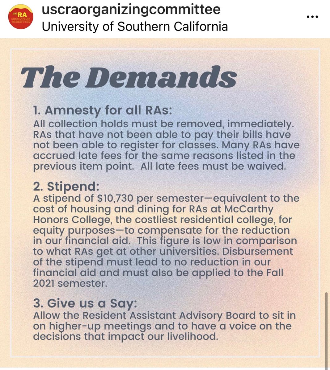 USCForward's tweet photo. Breaking! We’re standing in solidarity with the @USC Residential Assistants (RAs) who are on strike! We support them in their fight for a voice on the job, fair compensation, and amnesty for all RAs from collection holds. https://t.co/eL0GD8F7iv