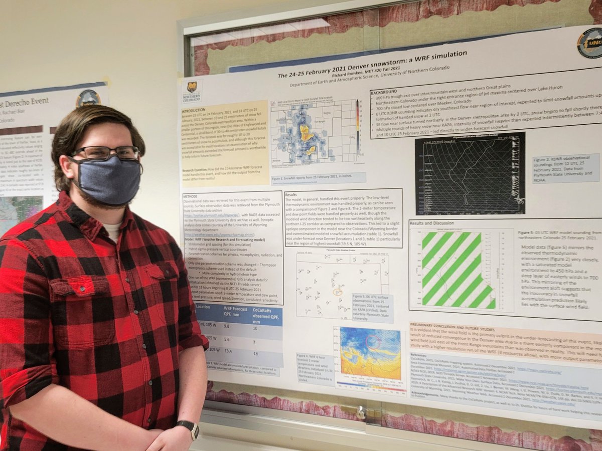 We held our first POSTERFEST since 2019 today! Though it was a bit cramped in the hallways, it felt wonderful to hold this end-of-semester tradition again. Students did a fantastic job presenting their projects from Radar &amp; Satellite and Advanced Weather Prediction courses. #cowx