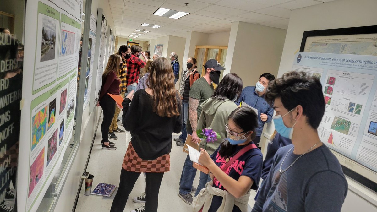 uncowx's tweet photo. We held our first POSTERFEST since 2019 today! Though it was a bit cramped in the hallways, it felt wonderful to hold this end-of-semester tradition again. Students did a fantastic job presenting their projects from Radar & Satellite and Advanced Weather Prediction courses. #cowx https://t.co/rNBVBuFUz2