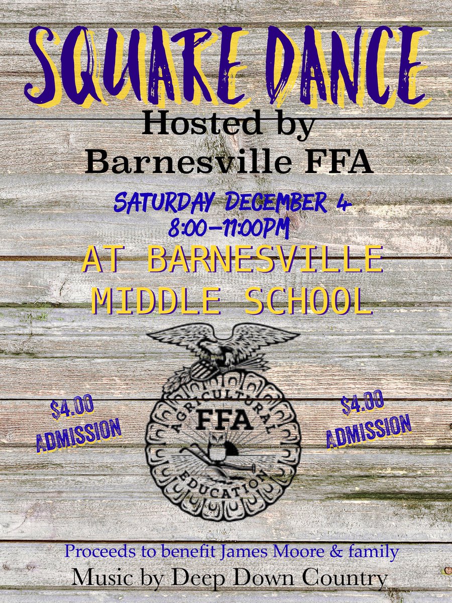 BarnesvilleFFA's tweet photo. Tomorrow evening ( Saturday) there will be a Square Dance at BARNESVILLE Middle School from 8-11pm sponsored by Barnesville FFA. All proceeds and donations will benefit James Moore. Please come out and support! https://t.co/jwiiee7yiG