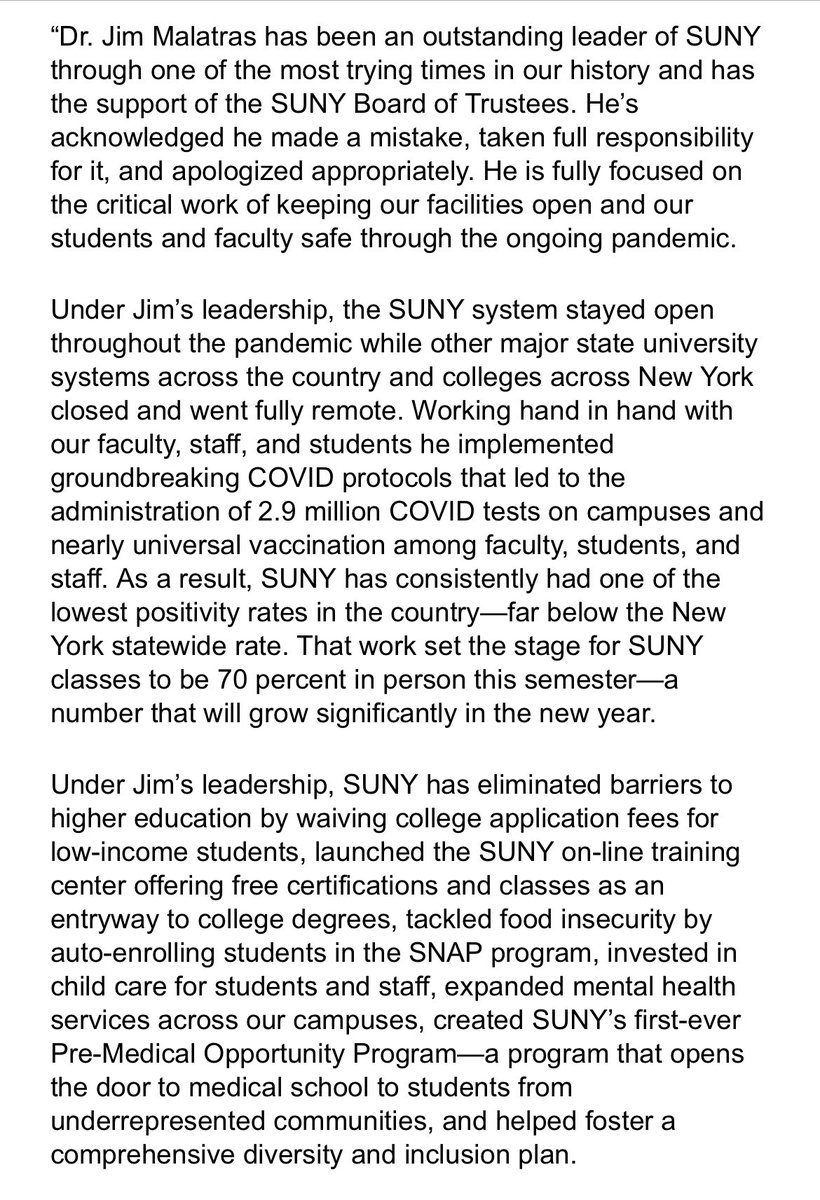 JoeSpectorNY's tweet photo. SUNY board issues lengthy statement in support of Chancellor Jim Malatras amid criticism over comments made in recently released records in Cuomo scandals. 

PEF also issued a statement of support https://t.co/l5w3HQnSHI