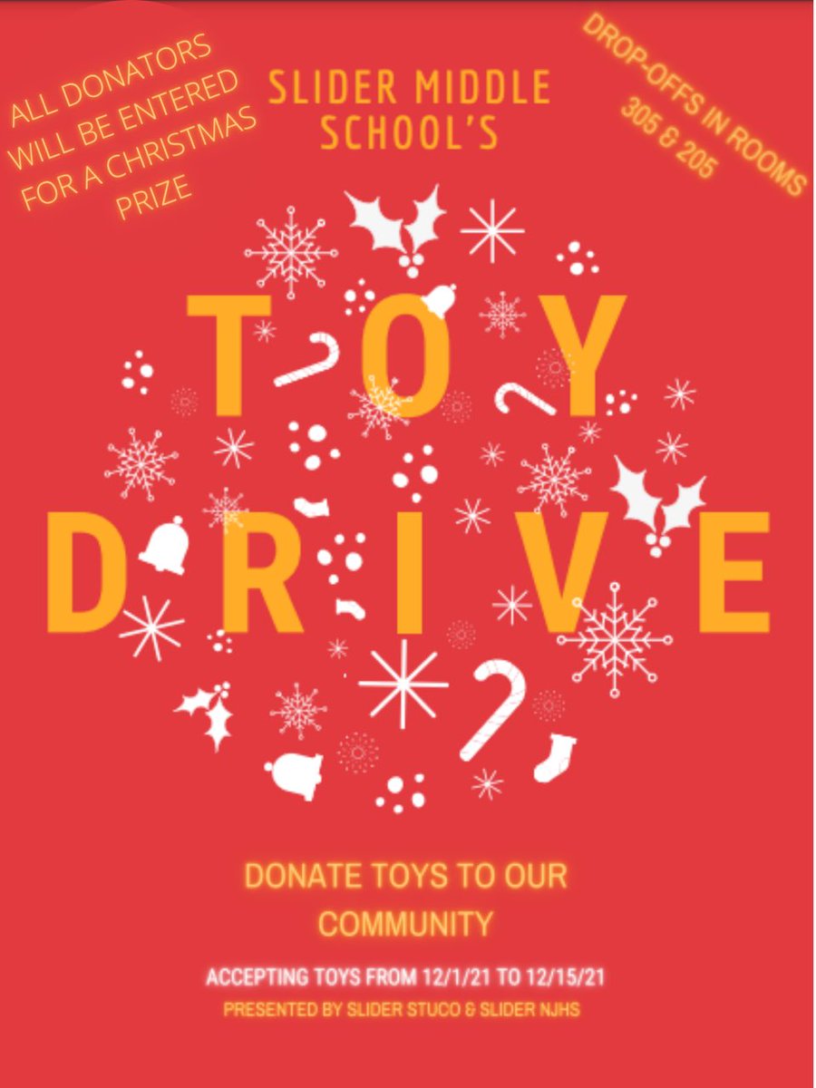 SliderStuCo's tweet photo. Lets bring some Christmas Cheer! Student Council and NJHS will be having a Toy Drive from December 1st- December 15th. Toys must be new! Every student and faculty member that donates will have their name entered into a drawing to win a Christmas Prize! https://t.co/ztixH400DI