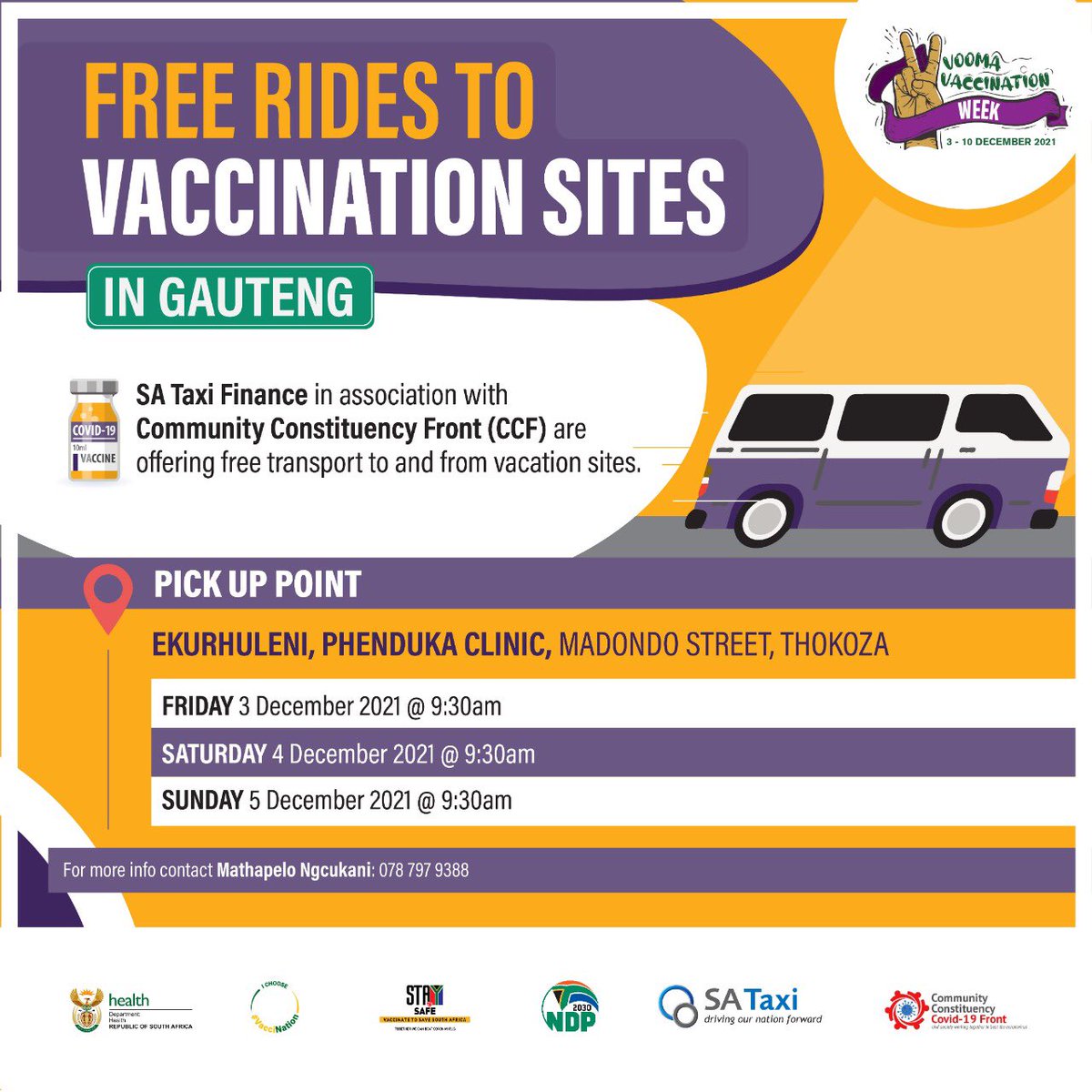 CCFront's tweet photo. Free transport to vaccination site
#thinktwiceaboutcovid #ᴠᴀᴄᴄɪɴᴇssᴀᴠᴇʟɪᴠᴇs #vooma #voomavaxchamps #voomavaccinationweek https://t.co/JJqO6IfQ4B