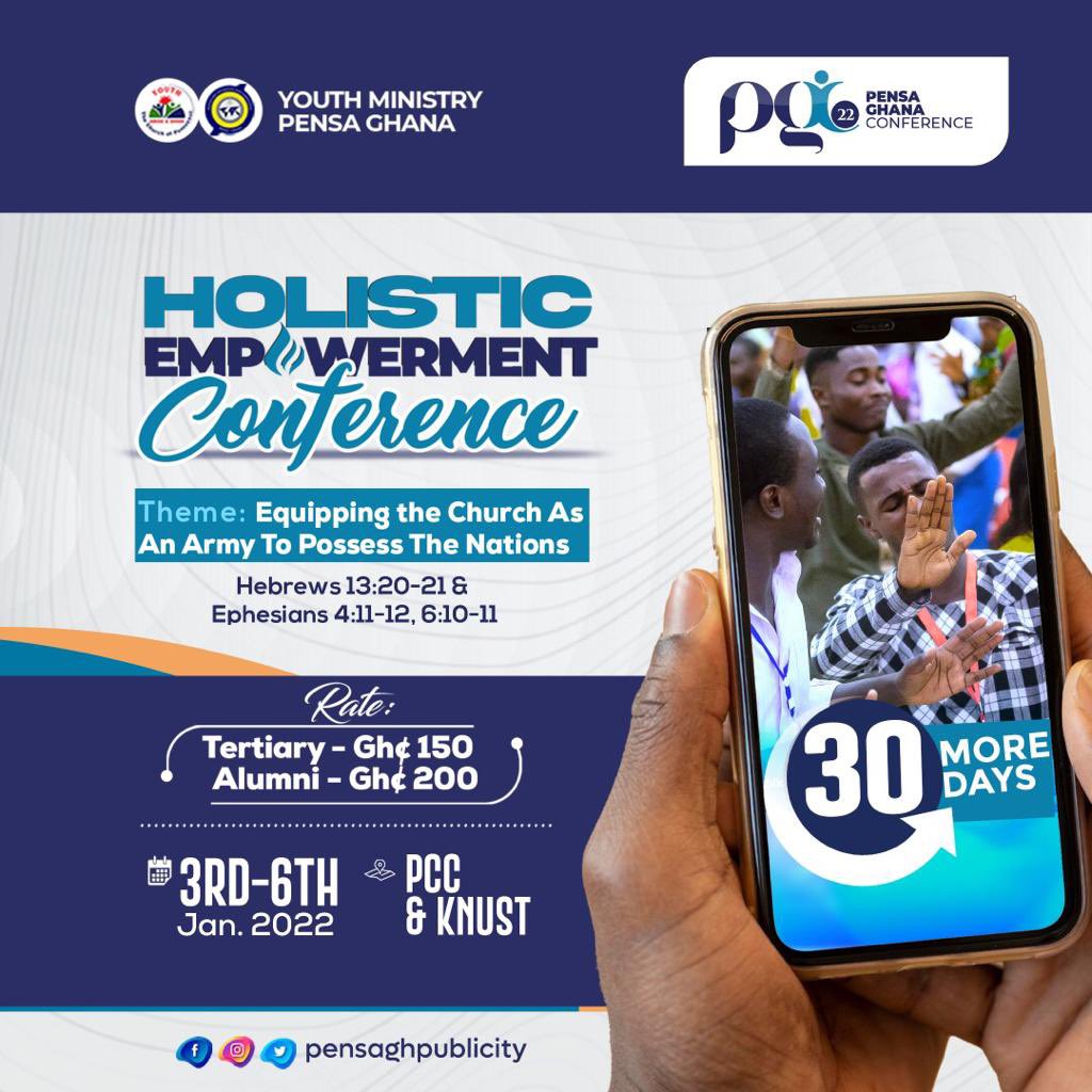 Christ In You🎉🎉🎉🎉🎉

It is 3️⃣0️⃣MORE DAYS to our *HOLISTIC EMPOWERMENT CONFERENCE 2022* happening live at PCC and KNUST.

*Click on the link below to register for the conference*

bit.ly/3x5Nq7D

#PGC22
#Youth360

*©️ Pensaghanapublicity