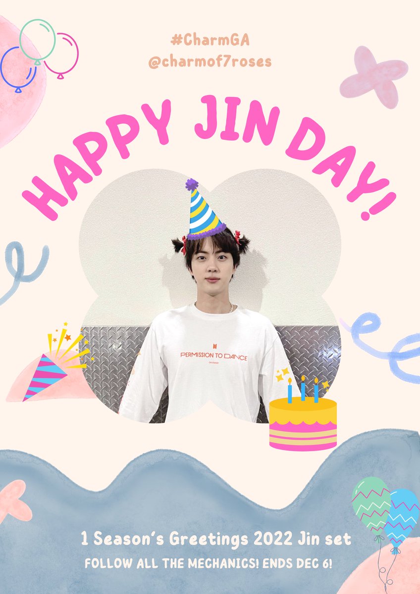 charmof7roses's tweet photo. #CharmGA
#HappyJinDay Giveaway 🥳
🎁 1 Season’s Greetings 2022 JIN member set — 1 winner
✨Must be following me
✨Like and RT this tweet
✨QRT with #HappyJinDay
✨Comment your bday wish & fave Jin photo use #HappyBirthdayJimin
Will draw winner on December 6! https://t.co/KWP35kkomd